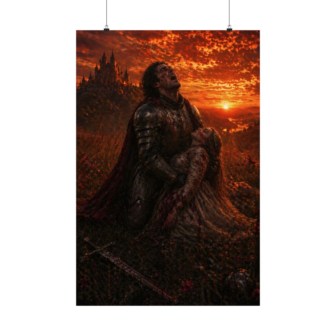 Dark Fantasy Knight Art Print, Epic Sunset Battle Wall Decor, Medieval ...