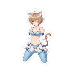 May include: A sticker featuring a cartoon character with cat ears and a tail. The character is wearing light blue lingerie with white accents and bows. The character is kneeling and winking, with short brown hair.