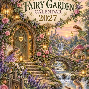 May include: A 2027 Fairy Garden calendar featuring a fantasy illustration of a tree with a wooden door, stone steps, and a stream. Fairies with translucent wings, pink roses, purple flowers, a rabbit, and a small bird are depicted in a lush landscape.