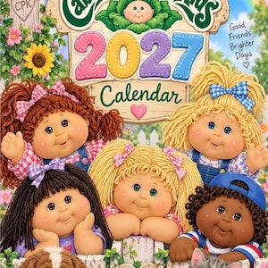 May include: A 2027 Cabbage Patch Kids calendar featuring five dolls with yarn hair, a puppy, and a kitten behind a white wooden fence. The text reads Cabbage Patch Kids, 2027 Calendar, Good Friends Brighter Days, and Small People Big Dreams.