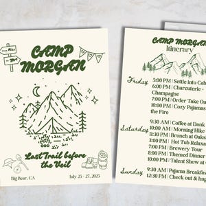 Camp Bachelorette Invite & Reiseplan Vorlage | Lagersbach | Sofortdownload | Bearbeitbare Canva Vorlage