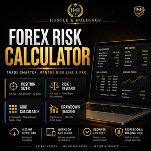 May include: A digital graphic promoting a Forex risk calculator. The design features a laptop displaying financial data, with sections for position sizing, risk-reward, grid calculator, and drawdown tracker. The color scheme is black and gold.