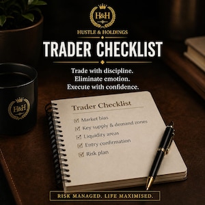 May include: A notepad with the title "Trader Checklist" and a list of trading-related items, including "Market bias" and "Risk plan." A black pen with gold accents rests on the notepad. The image also features a black mug and the text "Hustle & Holdings."