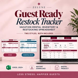 Peut inclure: Un tableur numérique Guest Ready Restock Tracker pour locations de vacances, affiché sur un écran d'ordinateur portable. L'interface présente l'inventaire, les listes d'achats et les taux de préparation en rose et bleu côtier pour Excel 2021+.