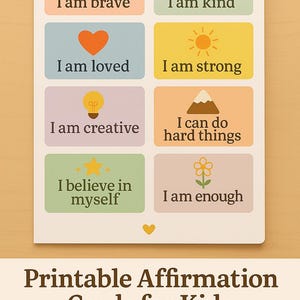 Kinder Affirmationskarten Set zum Ausdrucken, 16 positive Affirmationen, Achtsamkeit und Selbstwertgefühl für Kinder, Instant Download