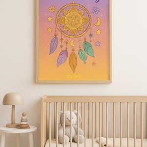 Póster infantil "Sueña en grande", arte mural colorido con atrapasueños, imprimible espiritual para habitación infantil, tamaño A1, A3, A4, Zelune