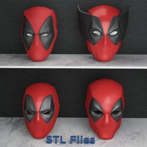 Puede incluir: Cuatro máscaras de Deadpool impresas en 3D en rojo y negro en un estante. Las máscaras tienen todos diseños diferentes, algunas tienen una textura más detallada que otras. STL Files está escrito en azul debajo de las máscaras.