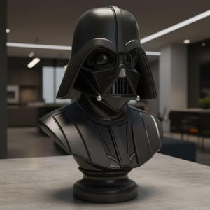 May include: A black bust of Darth Vader, a character from the Star Wars franchise. The bust features Vader's helmet and shoulders, with intricate details on the mask and collar. The bust is displayed on a grey surface.