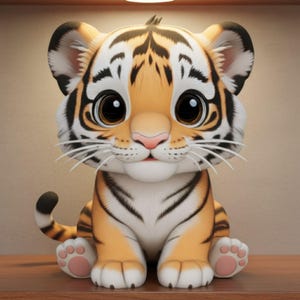 May include: A cute, cartoon-style tiger cub with large, expressive eyes. The cub has orange fur with black stripes, white accents, and a pink nose. It is sitting on a wooden surface, with its paws and tail visible.