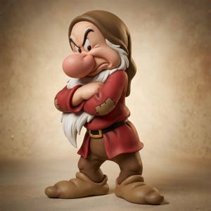 May include: A figurine of a grumpy character with a large nose, furrowed eyebrows, and crossed arms. The figure wears a brown cap, a red tunic with patches on the sleeves, a black belt with a gold buckle, brown trousers, and brown shoes.