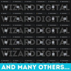 May include: A grid of digital files, each labeled with names like "Predator Spawn" and "Hellboy Mask.zip." The watermark "WIZARD DIGITAL" is repeated across the image. The text "AND MANY OTHERS..." appears at the bottom.