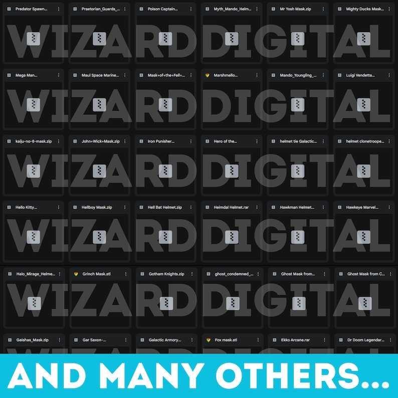 May include: A grid of digital files, each labeled with names like "Predator Spawn" and "Hellboy Mask.zip." The watermark "WIZARD DIGITAL" is repeated across the image. The text "AND MANY OTHERS..." appears at the bottom.