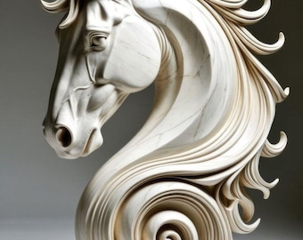 Peut inclure: Une sculpture détaillée d'une tête et d'un cou de cheval, sculptée dans une pierre claire. La crinière coule en lignes courbes élégantes, et le cou se transforme en une base décorative en spirale. Une œuvre d'art.