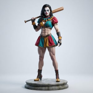 Könnte beinhalten: Eine muskulöse Figur in einem bunten Clownkostüm, die einen Baseballschläger über der Schulter hält. Das Outfit umfasst einen gerüschten Kragen, einen kurzen Rock und Stiefel. Die Figur hat Clown-Make-up und steht auf einem Steinsockel.