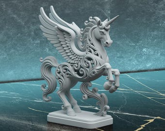 May include: A detailed, gray sculpture of a winged unicorn, also known as a pegasus. The mythical creature has a long, spiraling tail, a single horn, and ornate detailing on its wings and body. It stands on a rectangular base.