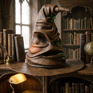 May include: A brown, weathered Sorting Hat with a wide brim and a pointed tip. The hat is the focal point, set against a backdrop of antique books and a library setting. The hat is a key element from the Harry Potter series.
