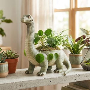 May include: A pale green dinosaur-shaped plant pot, filled with green plants. The planter has a long neck and tail, and is made of a textured material. Other potted plants are in the background, on a concrete shelf.