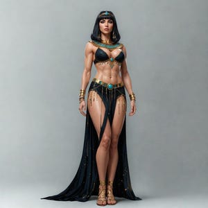 Può includere: Una donna in un abito nero e oro di ispirazione egizia. L'abito comprende un reggiseno, una gonna e un copricapo neri, tutti adornati con dettagli dorati e pietre turchesi. Bracciali e sandali dorati completano il look.