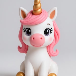 Könnte beinhalten: Eine weiße Einhornfigur mit rosa Mähne und Schweif, einem goldenen Horn und goldenen Hufen. Das Einhorn hat große, ausdrucksstarke Augen und eine rosa Nase. Die Figur sitzt und hat ein niedliches, cartoonhaftes Aussehen.