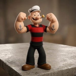 Puede incluir: Una figura de Popeye el Marino flexionando sus bíceps. Lleva un gorro de marinero blanco, una camisa a rayas rojas y negras, pantalones negros y zapatos marrones. Tatuajes de anclas son visibles en sus antebrazos, y tiene una pipa de maíz en la boca.