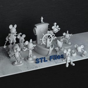 Set di statuette di Topolino per stampa 3D, pacchetto di modelli STL 3D di statuette di Topolino, file di stampa digitale STL di Topolino dell'eroe dei cartoni animati