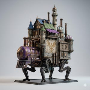 May include: A mechanical structure featuring a purple locomotive front attached to a multi-story stone building with towers, chimneys, and a banner displaying a golden eagle emblem. The entire assembly is supported by four articulated metal legs.