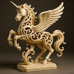Op de afbeelding: Een crèmekleurige eenhoornsculptuur met gedetailleerde vleugels en een vloeiende manen. Het mythische wezen staat op een rechthoekige basis, met ingewikkeld krulwerk over het hele lichaam. De sculptuur heeft een lange, spiraalvormige hoorn.