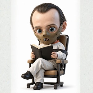 May include: A stylized figure with a large head wearing a tan perforated face mask, a light-colored long-sleeved shirt, and light-colored trousers, sitting in a brown and black chair while holding an open black book with both hands.