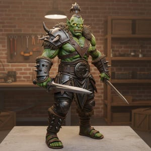 Könnte beinhalten: Detaillierte Figur eines grünschlägigen Ork-Kriegers, gekleidet in verzierter Rüstung mit spitzen Akzenten. Der Ork hält zwei silberne Dolche und hat eine Mohawk-Frisur. Die Figur ist auf einer grauen Oberfläche mit einer Backsteinmauer und Werkzeugen im Hintergrund aufgestellt.