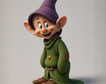 May include: A figurine of a small creature with large ears, blue eyes, and a wide smile. It wears a purple pointed hat and a long-sleeved green tunic with a single gold button, a brown belt, and a brown patch on the left sleeve, paired with brown shoes.