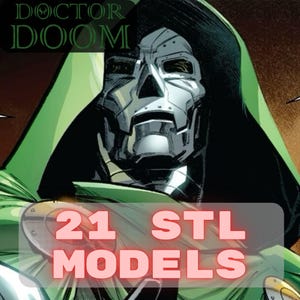 May include: Comic book illustration of Doctor Doom, featuring his metallic mask and green cloak. The text "DOCTOR DOOM" is at the top, and "21 STL MODELS" is at the bottom, indicating 3D printing models.