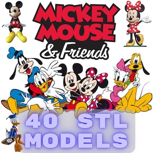 Puede incluir: Un gráfico con Mickey Mouse y sus amigos. El texto "Mickey Mouse & Friends" está en rojo y blanco. La imagen incluye los personajes de dibujos animados Mickey Mouse, Minnie Mouse, Pato Donald, Goofy, Daisy y Pluto. También está presente el texto "40 STL MODELS".