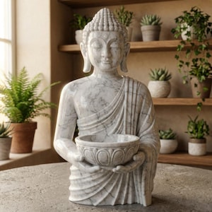 Peut inclure: Statue de Bouddha en marbre blanc veiné de gris, tenant un bol décoratif. Le Bouddha a une expression sereine. L'arrière-plan présente des plantes en pot sur des étagères en bois. C'est un objet décoratif.