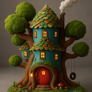 May include: A fantasy treehouse with a teal exterior, a green and orange tiled roof, and a red door. The treehouse has multiple windows with illuminated interiors, a chimney with smoke, and a tyre swing. The base includes a small bridge and mushrooms.
