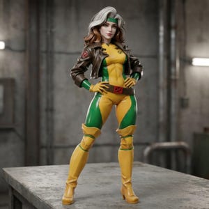 May include: A detailed figurine of a character in a yellow and green bodysuit, brown jacket, and yellow boots. The figure has white and brown hair, a green headband, and is posed with hands on hips. The figure is a collectible.