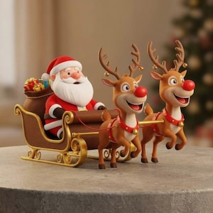 Peut inclure: Une scène de Noël festive avec le Père Noël dans un traîneau tiré par deux rennes. Le Père Noël, vêtu d'un costume et d'un chapeau rouges, a une barbe blanche et un sac de cadeaux. Les rennes ont le nez rouge et portent des colliers rouges.