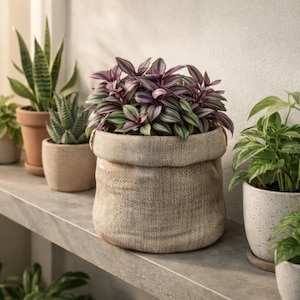 May include: A potted plant with purple and green leaves sits in a burlap sack planter. Other potted plants are visible in the background, including a snake plant and a succulent. The plants are arranged on a gray shelf.