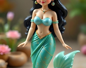 Può includere: Statuetta di sirena turchese con lunghi capelli neri, ornata da una corona e gioielli dorati. La sirena indossa un top bikini turchese e una gonna turchese fluida con dettagli dorati. La statuetta è su una base turchese.
