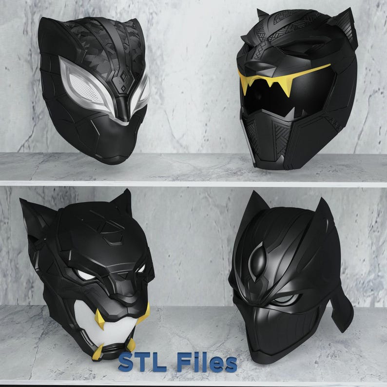 May include: Four black panther-themed masks with varying designs. One mask has a camouflage pattern, while others feature gold accents and stylized features. The masks are displayed on a shelf, with the text "STL Files" visible.