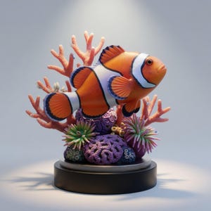 Può includere: Una statuetta decorativa raffigurante un pesce pagliaccio arancione brillante con strisce bianche e nere, posizionato tra rami di corallo rosa e anemoni di mare viola testurizzati, il tutto montato su una base circolare nera.