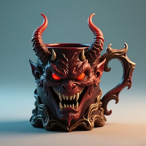 Puede incluir: Una taza de cerámica roja oscura con un diseño de cara de diablo. La taza presenta cuernos grandes y curvos, dientes afilados y ojos rojos brillantes. El asa tiene un diseño ornamental y decorativo.