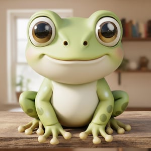 May include: A charming, cartoon-style frog figurine. The frog is primarily light green with a white belly and has large, expressive brown eyes. It is smiling and has small, round spots on its legs. The figurine is sitting on a wooden surface.