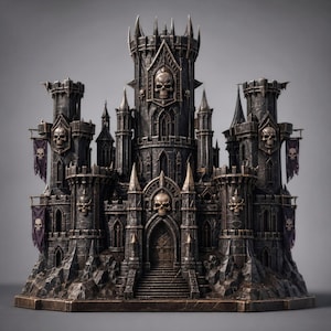 Peut inclure: Un modèle de château détaillé, gris foncé, avec de multiples tours, flèches et motifs de crânes. Le château présente des fenêtres cintrées, des bannières avec des emblèmes de crânes et une grande entrée avec des marches. Le design général suggère un thème gothique ou fantastique.