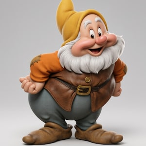 May include: A figurine of a dwarf with a large white beard, wearing a yellow hat, an orange long-sleeved shirt with patches on the elbows, a brown vest with a gold button and a buckled belt, and grey trousers with brown slip-on shoes.