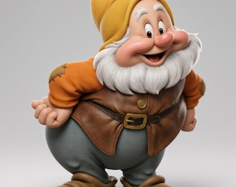 May include: A figurine of a dwarf with a large white beard, wearing a yellow hat, an orange long-sleeved shirt with patches on the elbows, a brown vest with a gold button and a buckled belt, and grey trousers with brown slip-on shoes.