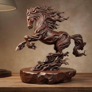 Puede incluir: Escultura de madera marrón de un caballo encabritado. El caballo está tallado con líneas fluidas, dando la impresión de viento y movimiento. Se apoya sobre una base texturizada de color marrón oscuro, mostrando la artesanía detallada. Es una pieza de arte decorativa.