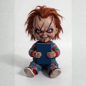May include: A doll with messy orange hair, blue eyes, and a scarred face featuring dark stitches. The doll wears a long-sleeved shirt with horizontal red, blue, and green stripes under blue denim overalls and red sneakers, holding a solid blue book.