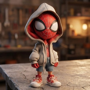 Op de afbeelding: Een gestileerd beeldje van Spider-Man met een witte hoodie, blauwe korte broek en rode sneakers. Het figuur heeft een rood en zwart spinnenwebontwerp op het hoofd en de borst. De achtergrond is een vage werkplaats.