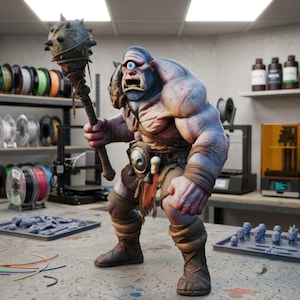 May include: A muscular, blue-skinned fantasy figure with one eye, holding a spiked club. The figure is in a workshop with 3D printers, spools of filament, and 3D-printed objects on a table. The figure is wearing leather boots and a belt.