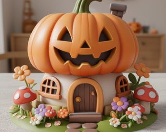 May include: A whimsical Halloween decoration featuring a house with a carved pumpkin roof. The house has a white base with arched windows and a brown door. Colorful flowers and mushrooms surround the base, creating a festive and playful scene.